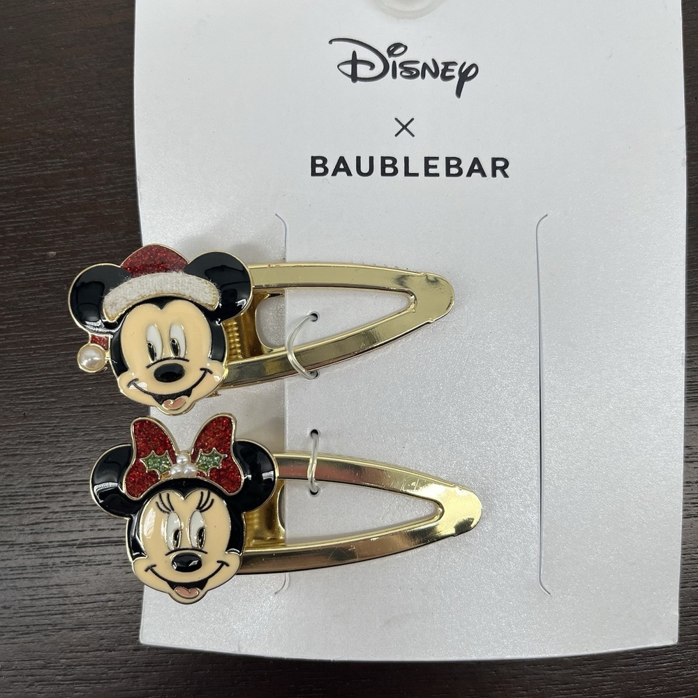 Disney x Baublebar Mickey Minnie Mouse Gold Tone Christmas Hair Clips 2 pcs NEW